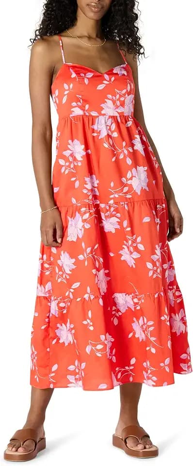 Amazon Essentials Women's Fit and Flare Empire Waist Sweetheart Neck Cotton Sateen Tiered Maxi Dress