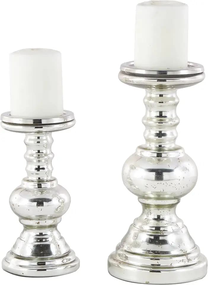 Deco 79 Glass Handmade Decorative Candle Holder Turned Style Pillar Candle Stand, Set of 2 Candlestick Holder 9", 12"H, Silver