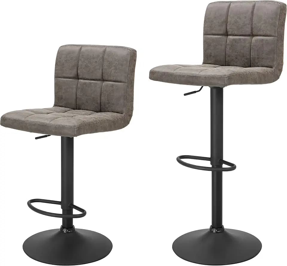Finnhomy Bar Stools Set of 2 Counter Height, Swivel Barstools with Footrest and L Shape Thicken Cushion Back, Height Adjustable Modern Bar Chairs, Vintage Leather, Retro Grey