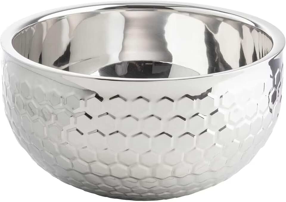 TableCraft 12837 Hive Collection Round Double Wall Bowl, 8 Quart Stainless Steel Bowl with Mirror Honeycomb Pattern, Insulated Double Wall Design, 13 x 13 x 7 Inches