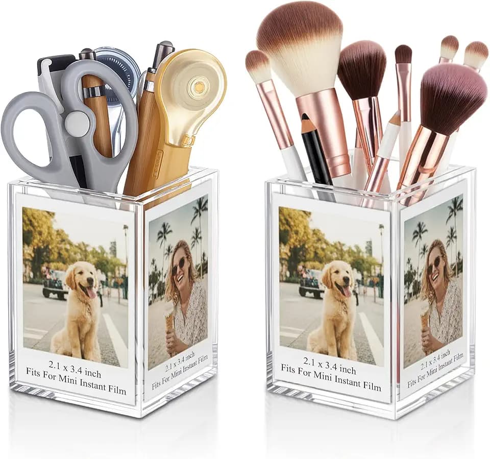 2 Pack Mini 2x3 Photo Frame & Pen Holder - Clear Acrylic Cube for Photos, Makeup Brushes, Desk Organizer, Picture Vase for 2x3 Photos