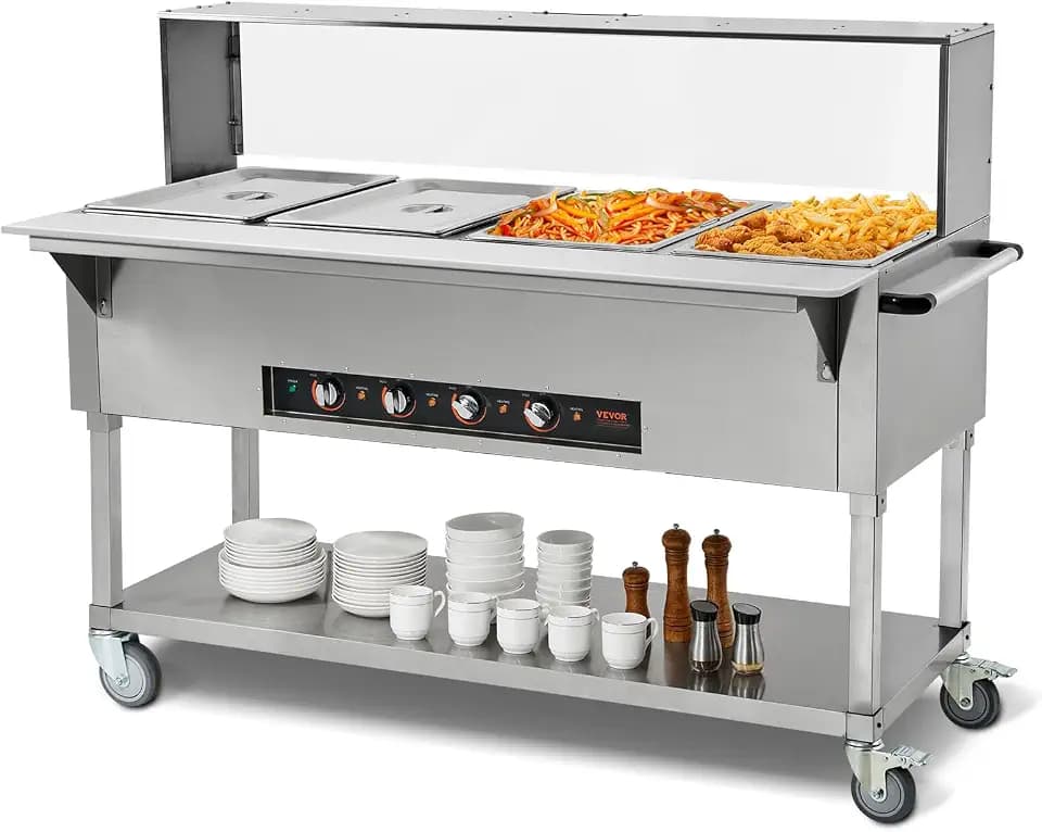 VEVOR 4-Pan Commercial Food Warmer, 4 x 20.6QT Electric Steam Table, 2000W Professional Buffet Catering Food Warmer with Acrylic Sneeze Guard, Food Grade Stainless Steel Server for Party Restaurant