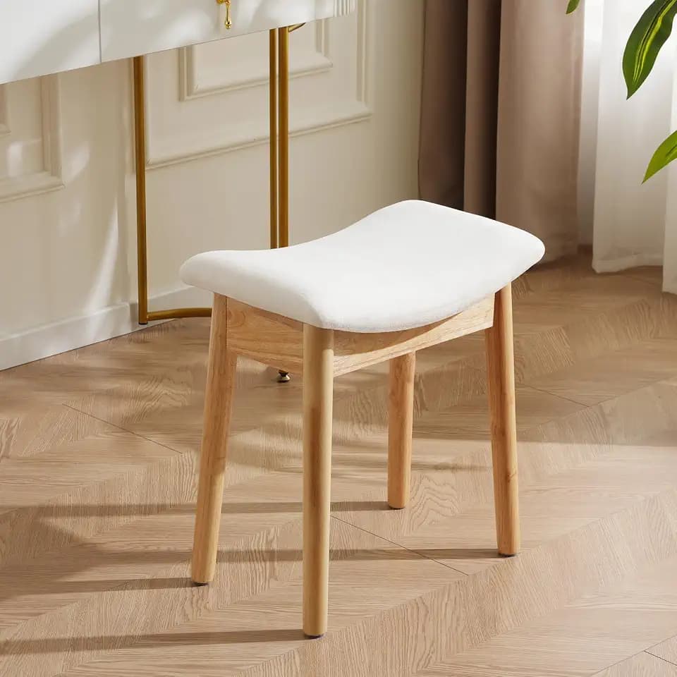 18" Small Vanity Chair, Ottoman Bench Saddle Cushion Linen Beige