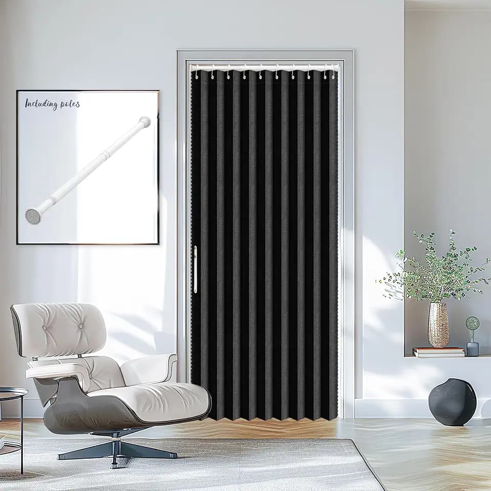 AJAZZ Blackout Sliding Door Curtains for Doorways with Curtain Rods Adjustable 28-39" Long, Accordion Doors Magnetic Door Curtain for Bedroom Living Room Curtain Sets (1 Pack, 42 W x 78 L,Black)