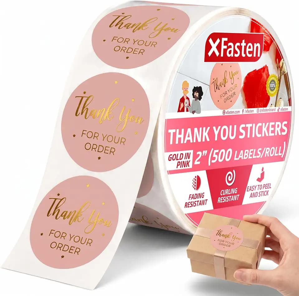 XFasten Pink Thank You Stickers Roll for Small Business, 500 2-inch Round Thank You Sticker Tags, Microwave-Safe Thank You Sticker Label Bulk for Packaging, Shipping, Shopping Bags and Envelopes