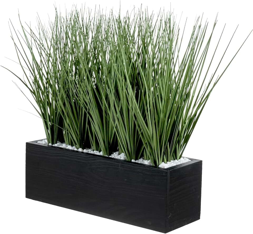 MyGift 12 Inch Artificial Grass Plant Rustic Black Wood Rectangular Planter