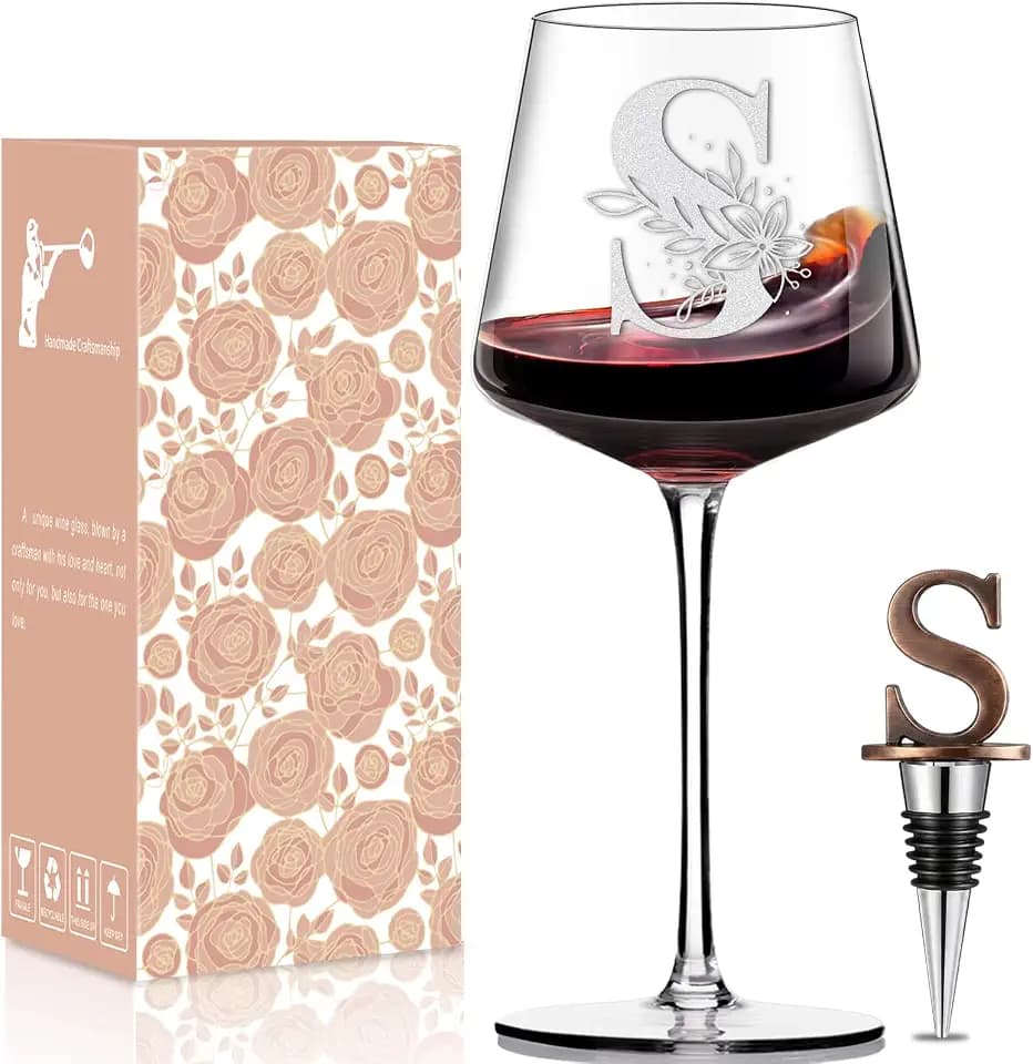 Physkoa Personalized Wine Glass – Custom Initial Monogram Gift for Women, Perfect Birthday & Mother’s Day Gift for Mom, Wife, Sister, Best Friend, Etched Dishwasher Safe (Letter S)