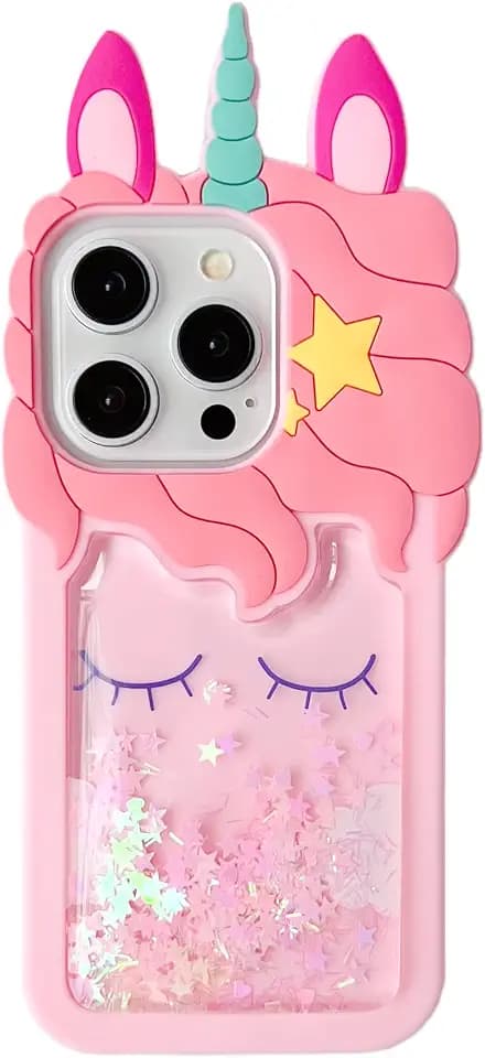 3D Unicorn Case,Cartoon Cute Kawaii Character Funny Glitter Bling Sparkle Shiny Quicksand Unicorn Kids Teens Girls Women Shockproof Soft Silicone Case for iPhone 13 Pro/14 Pro/15 Pro 6.1 inch