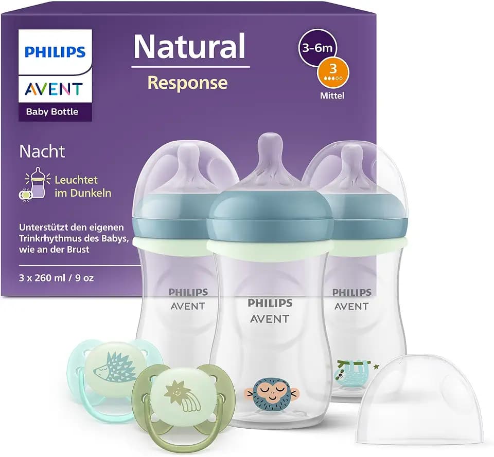Philips Avent Natural Response Babyflaschen für die Nacht – 3 Flaschen 260ml, mittlere Durchflussrate (Mittel 3), im Dunklen leuchtender Ring, 2 Ultra soft Nacht-Schnuller, Motiv müde Tiere, SCD838/20