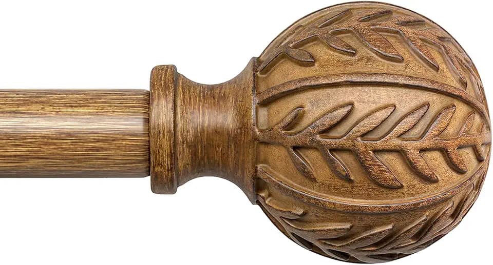 QDWIS Wood Curtain Rods for Windows 28 to 48 Inch, 1'' Adjustable Decorative Drapery Rods with Imitation Wood Grain Leaf Pattern Finials, Boho Heavy Duty Window Curtain Rods Set 18''-60''