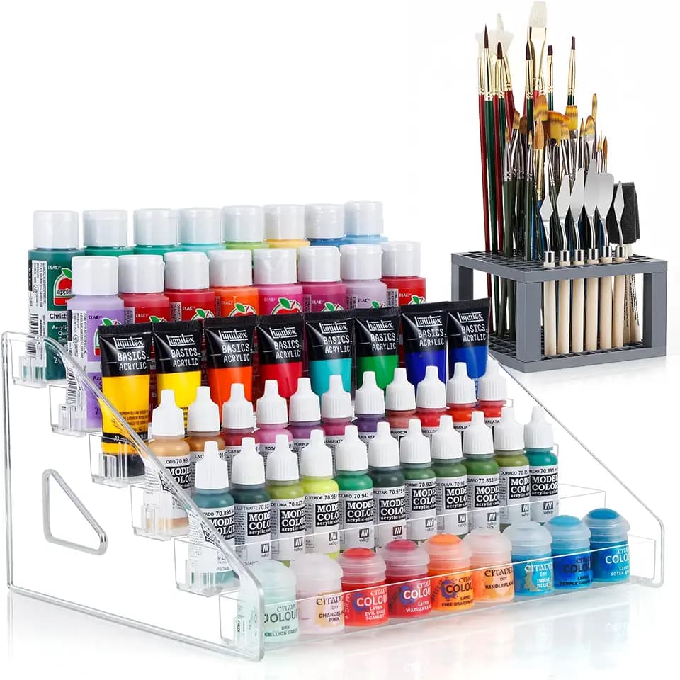 6-Layer Acrylic Organizer with Brush Holder, Easy Assembly Storage Rack for Craft, Hobby & Miniature Models, Light Can Holder, Gray
