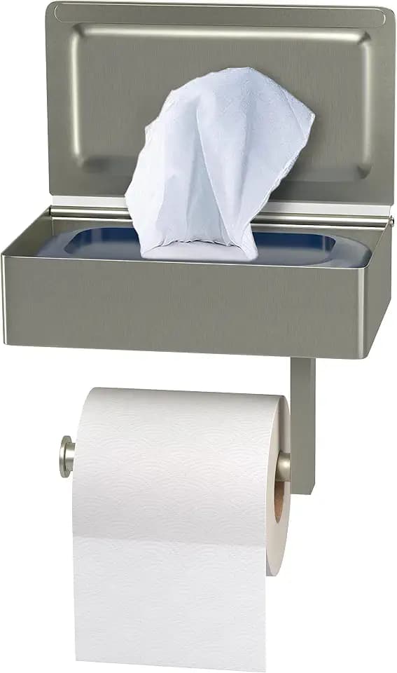 Brushed Nickel Toilet Paper Holder Wall Mounted with Shelf & Wipes Storage – Stainless Steel SUS304 Modern Toilet Tissue Roll Holder for Bathroom, Kitchen – Adhesive and Screw Installation