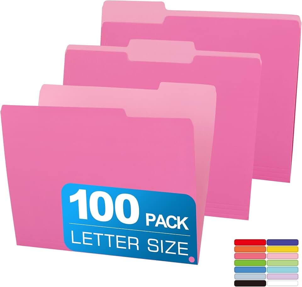 Two Tone Color File Folder 8.5 x 11 Inch,100 Packs Pink File Folders,1/3 Cut Tabs File Folder Letter Size,Manila File Folders for Office,School and Home,Organization