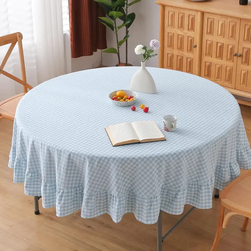 Light Blue White Gingham Tablecloth Round Dia.70“