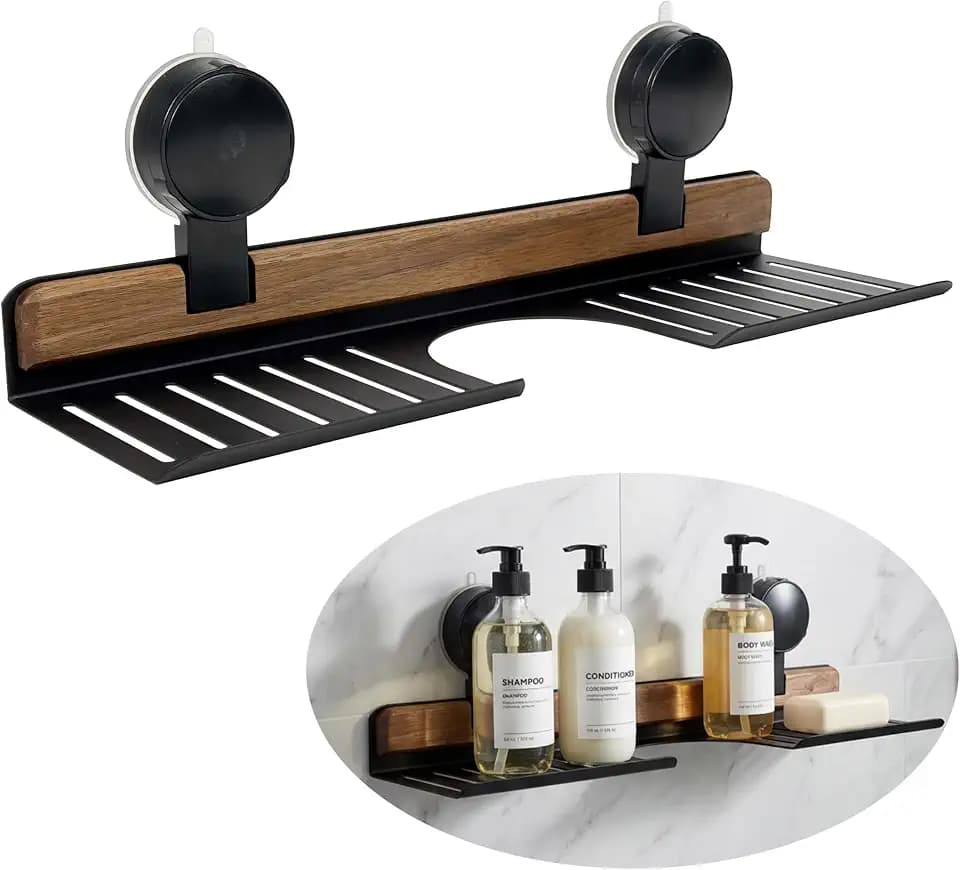 Over Sink Shelf with Walnut, 15.7" Tool-Free Suction Organizer