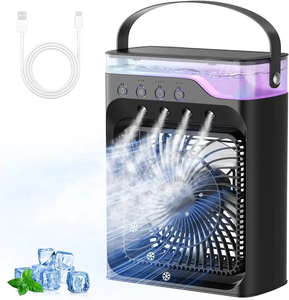 Portable air Conditioners,Personal Mini Cooling Fan With 3 Wind Speed Humidify & 3 Spray Modes, 1/2/3 H Timer, 7 LED Light,3 in 1 Evaporative Air Cooler for Office, Bedroom and Dinning Hall
