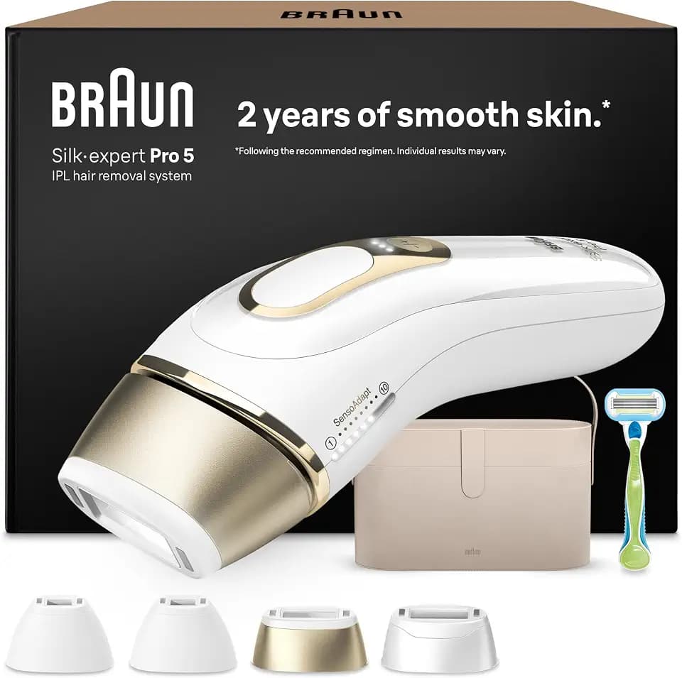 Braun IPL Geräte Haarentfernung Silk·expert Pro 5, PL5342, Weiß/Gold | Alternative Laser Haarentfernung für Zuhause, Dauerhafte Haarentfernung, Inkl. Etui, Gillette Venus Rasierer Und 4 Aufsätze