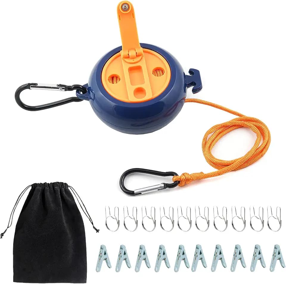 32 FT Portable Travel Clothesline, Retractable Camping Clothesline for RV, Cruise Ships, Hotels, Beach, Indoor & Outdoor Clothes Drying, Comes with 10 Windproof Clips, 10 Clothespins & 1 Storage Bag