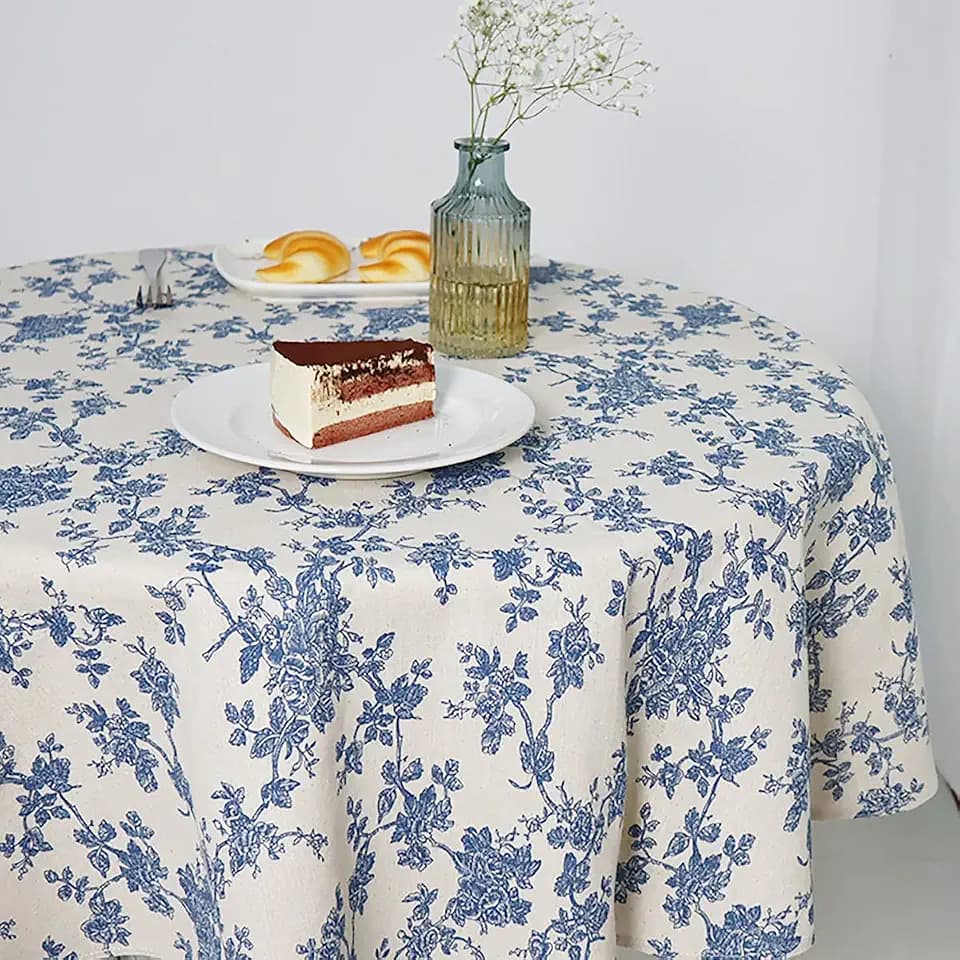 Wracra Cotton Linen Round Tablecloth, Blue Floral Table Cloth Round 55"
