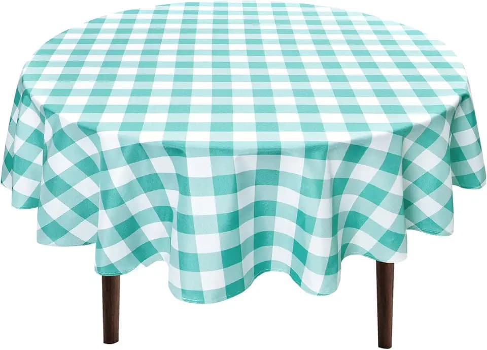 Hiasan Waterproof Checkered Round Tablecloth 108 Inch, Aqua and White
