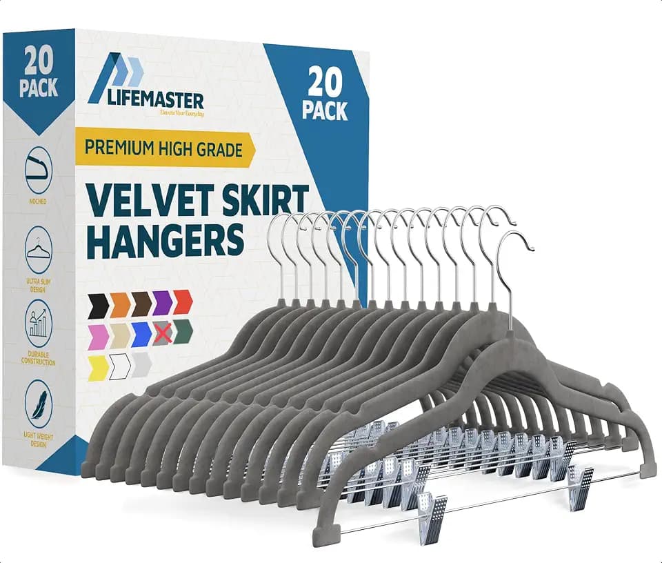 Lifemaster Velvet Skirt Hangers – with Adjustable Clips, 360 Degree Swivel Hook, and Non-Slip Shoulder Notch, Holds Up to 10 lbs, for Organizing Skirt, Pants, Dress, and Clothes, Pack of 20, Gray