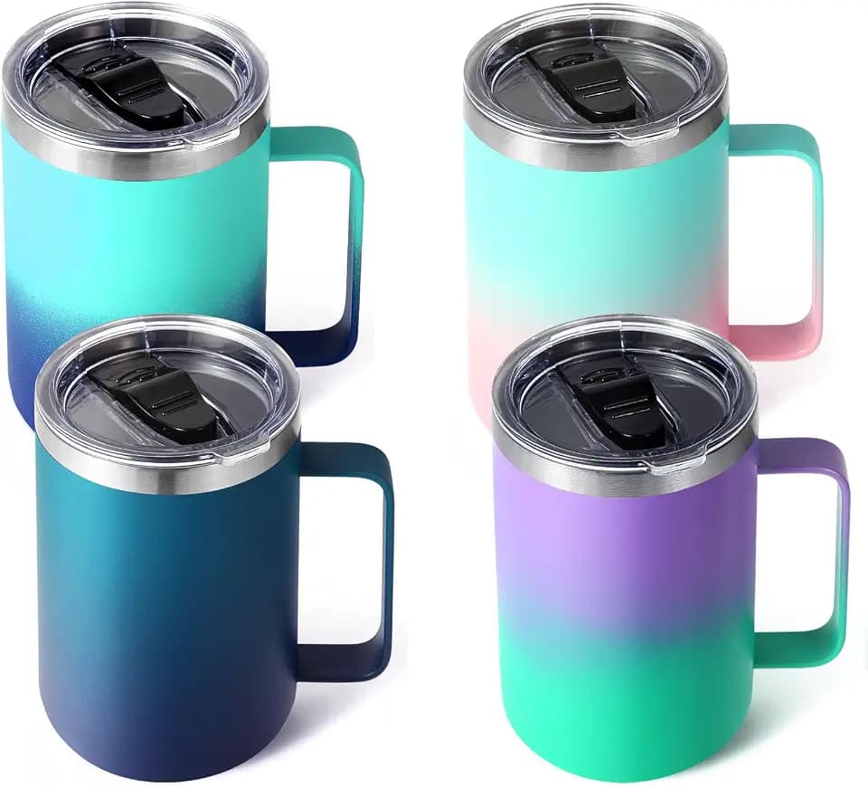 Volhoply 16oz Insulated Stainless Steel Coffee Mugs with Leakproof Lid Bulk 4 Pack,Double Wall Vacuum Travel Coffee Cup with Handle,Reusable Metal Tumbler,Camping Mug Keep Hot&Cold(Assort Color,4)