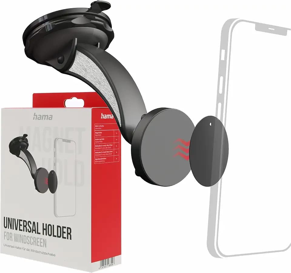 Hama Magnetische Handyhalterung fürs Auto, Magnethalterung für Handy, Befestigung mit Saugnapf, um 360 ° drehbar, inkl. 2 Metallplatten. Schwarz