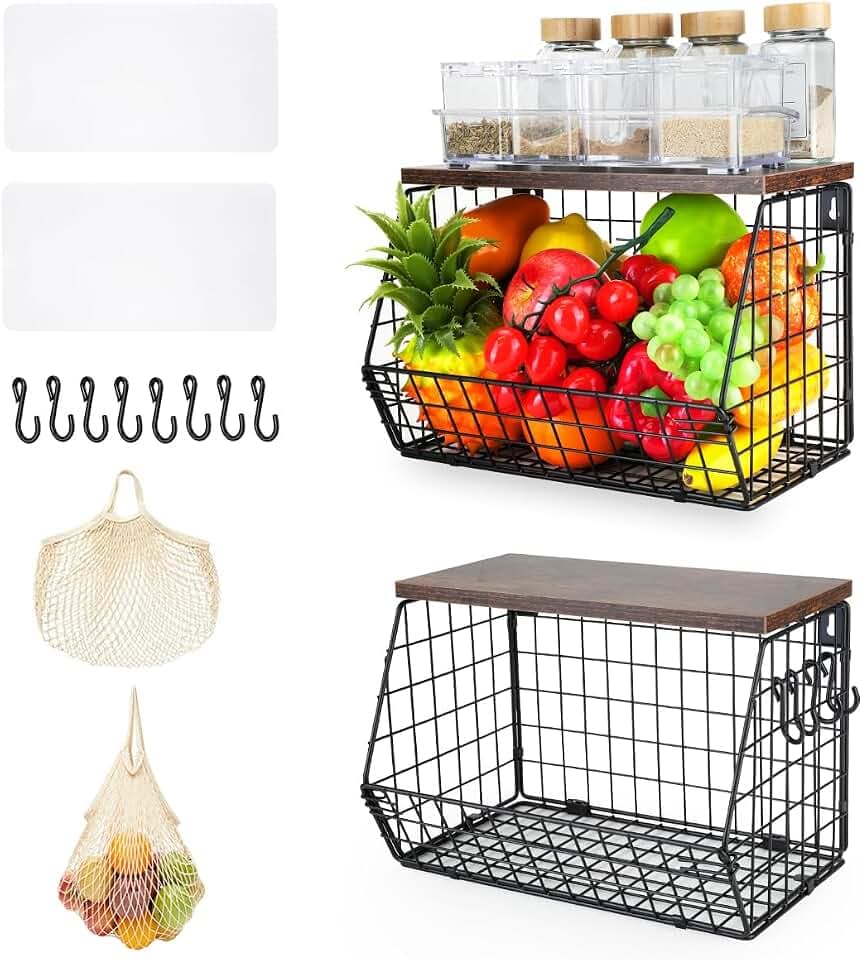 Hanging Fruit Basket, Metal Fruit Bowl with Lid for Counter Wall-Mounted, Stackable Black Vegetable Rack with Mesh Bag, Storage Organizer with Banana Hanger for Kitchens, Pantry, Snack (2PCS)