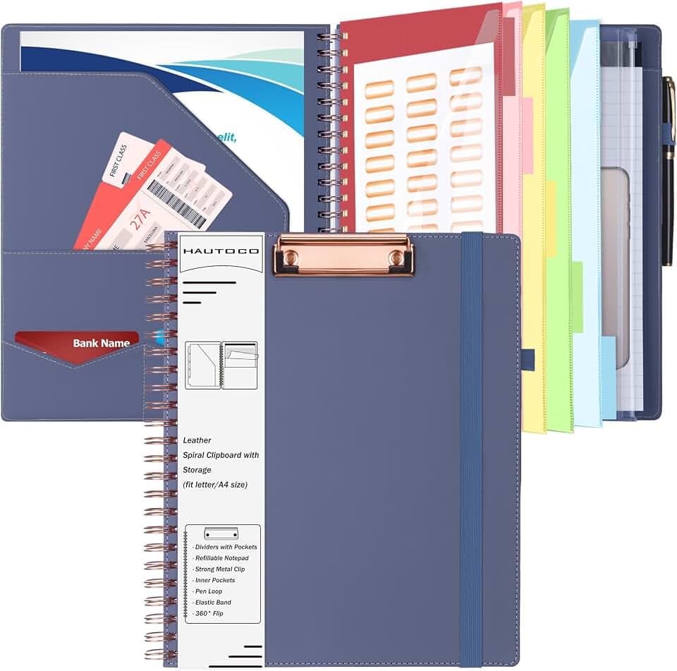 HAUTOCO Leather Clipboard Folio, Spiral Organizer with Notepad & Storage