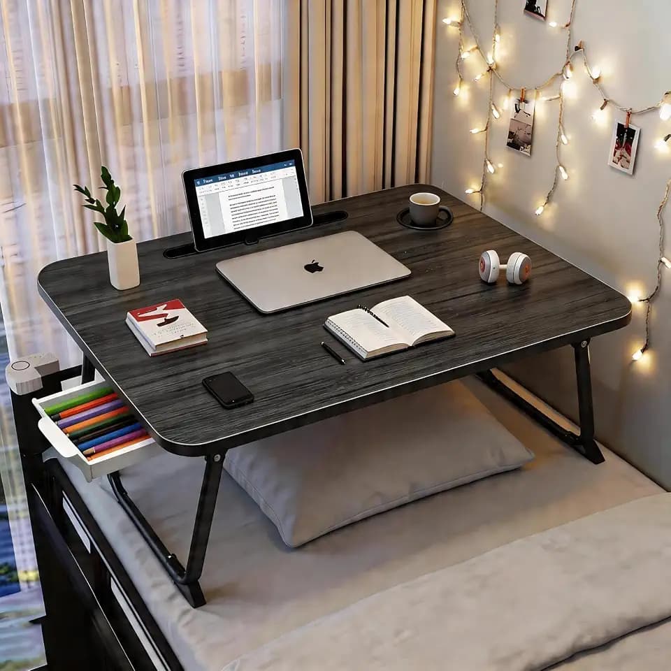 27.6" Home Office Folding Lap Desk with Drawer, Tablet Slot, Cup Holder - Fits up to 18 Inch Laptops, Bed Desk for Reading, Writing, Eating, Portable Laptop Table for Sofa, Coach, Floor (Black)
