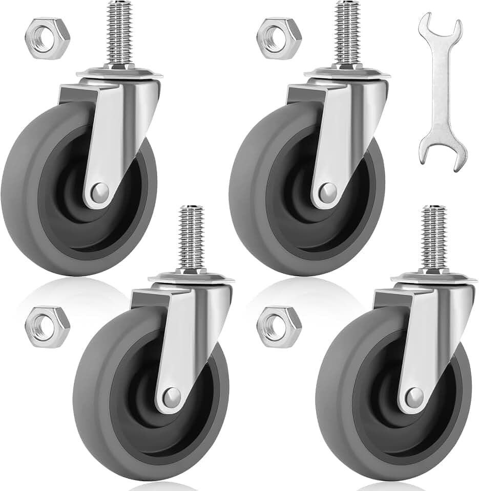 Besitu 4 Inch Caster Wheels, 1/2"-13 Inch Course Threaded Stem Caster Set of 4, Heavy Duty TPR Swivel Caster Wheels for Dolly Cart, Wire Shelving Industrial Screw in Casters