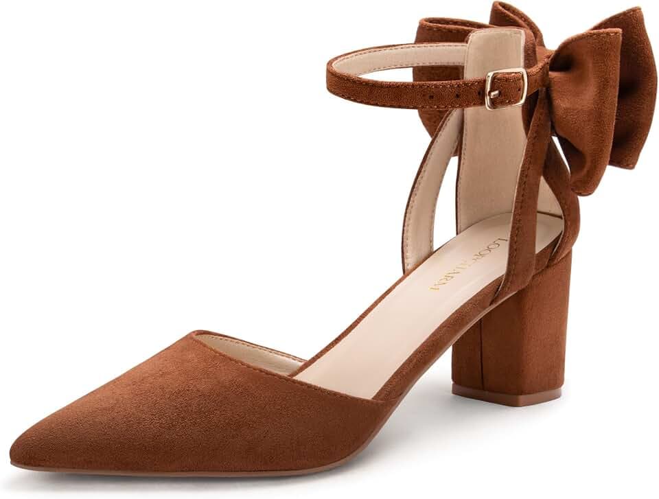 Womens Closed Pointed Toe Heels with Bow Low Chunky Pumps