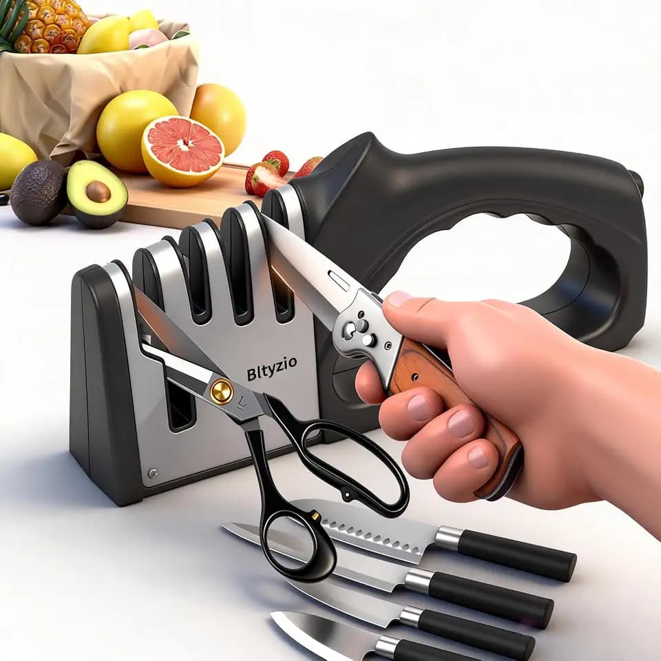4-in-1 Knife Sharpener for Kitchen Knives & Scissors, Manual Pull Through Sharpener with Tungsten Steel & Ceramic Slots, Professional Kitchen Knife Sharpening Tool with Non-Slip Base