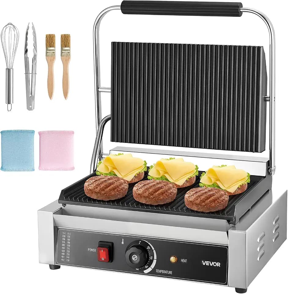 VEVOR Commercial Panini Grill, 1800W Electric Sandwich Panini Maker, Stainless Steel Sandwichs Press with Handle and Temp Control, 13.5x9.3 in Full Grooved Enamel Plate, for Hamburger Steak Bacon