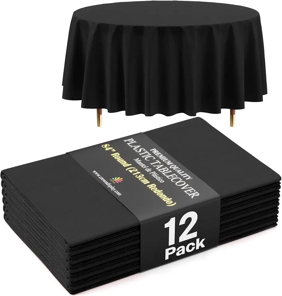Exquisite 66% Thicker Premium Black Round Tablecloth 0.5 Mil 12 Pack Plastic Table Cloth Disposable 84 Inch Round Plastic Tablecloth Won't Tear Easily Like Cheap Thin Brands