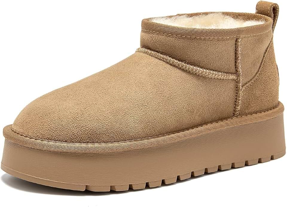 BEAU TODAY Womens Platform Ankle Boots Genuine Sheepskin Mini Boots for Women Comfortable Anti-Slip Snow Boots Pull-on Walking Winter Boots Outdoors Chestnut-New US 8.5