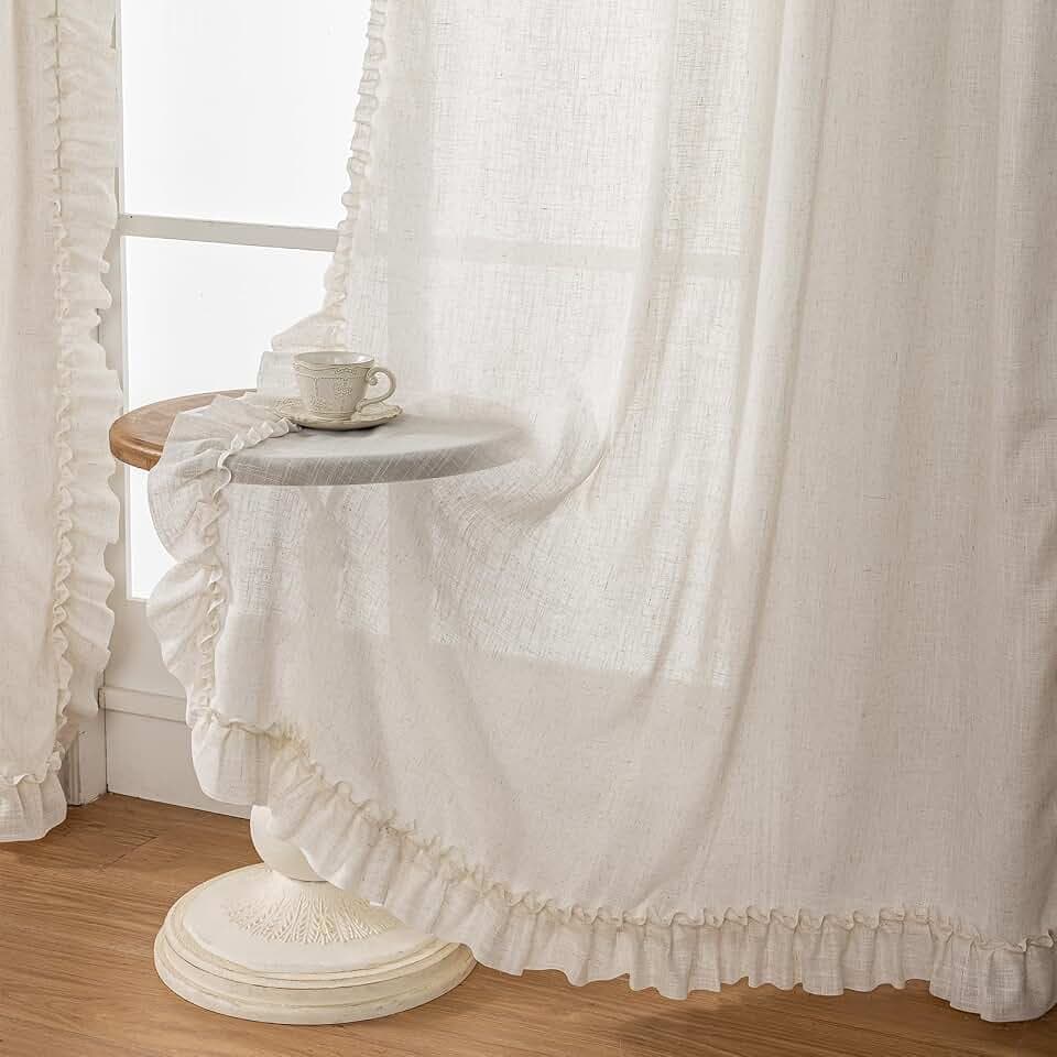 TERLYTEX Natural Linen Ruffled Curtains for Bedroom, 47 x 72 Inch, 2 Panels