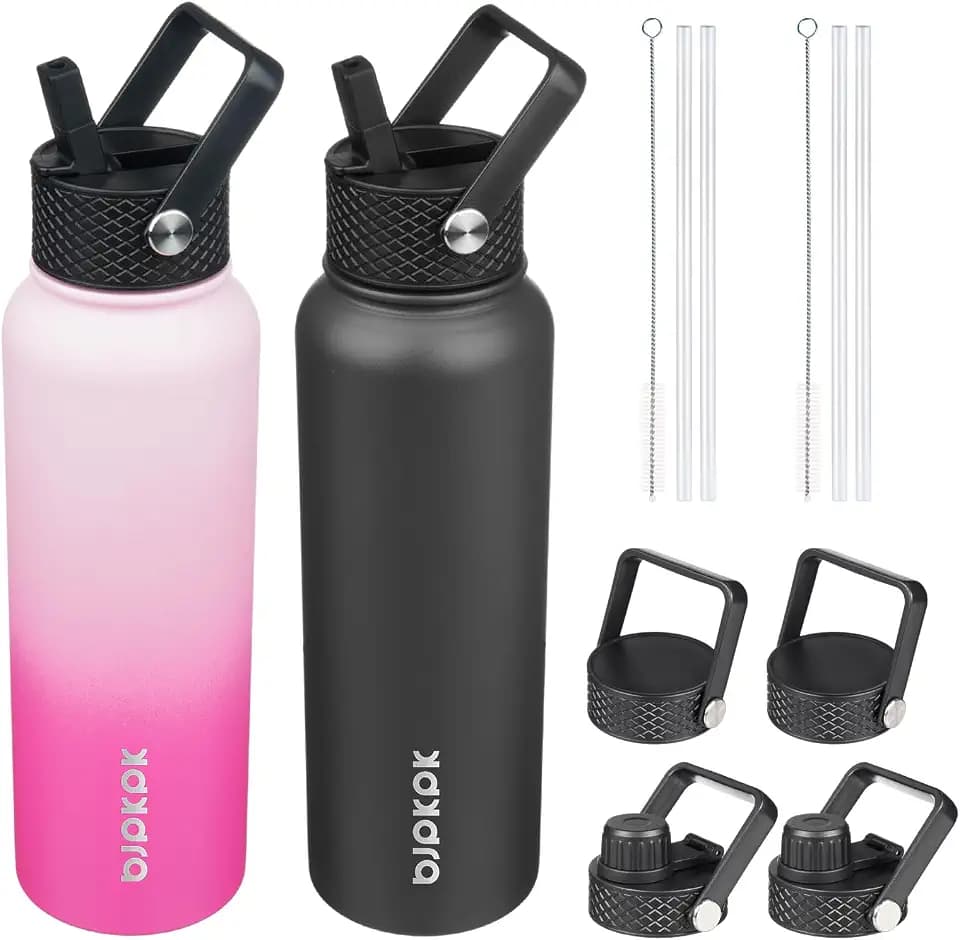 BJPKPK 2 Pack 40oz Insulated Water Bottles with Straw Lids, Stainless Steel