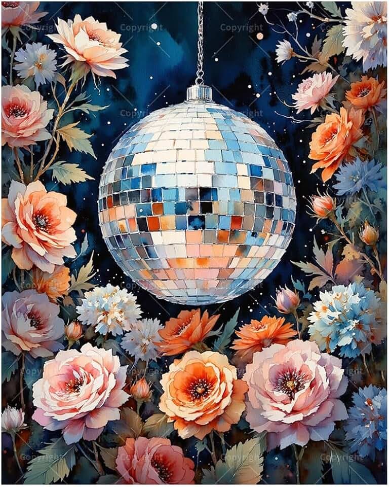 Floral Disco Ball Paint by Numbers Kit for Adults - DIY Flower and Mirror Sphere Painting on Canvas, Acrylic Paint Set, Suitable for Beginners, Art for Home Decoration or Gifts(12X16IN Framed)