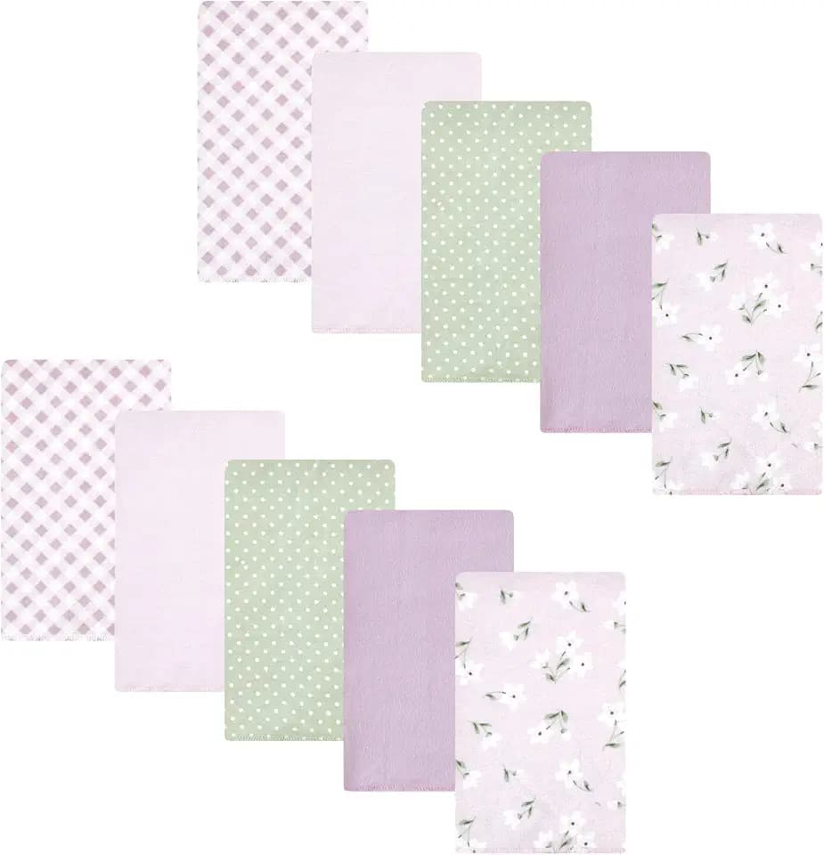 Hudson Baby Unisex Baby Cotton Poly Flannel Burp Cloths, Purple Dainty Floral 10 Pack, One Size