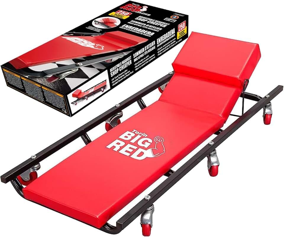 BIG RED TR6452 Torin Rolling Garage/Shop Creeper: 40" Padded Mechanic Cart with Adjustable Headrest and 6 Casters, Red