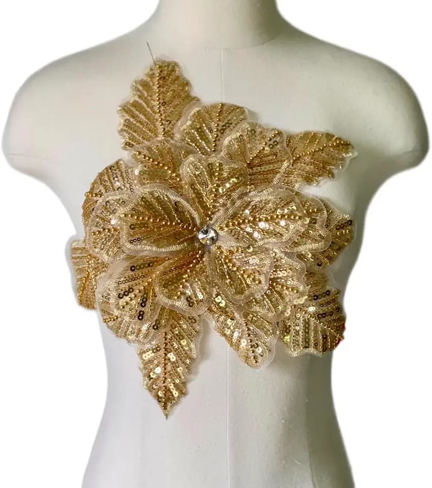 1PCS Flower Beaded Appliques for Dresses (Gold-08)