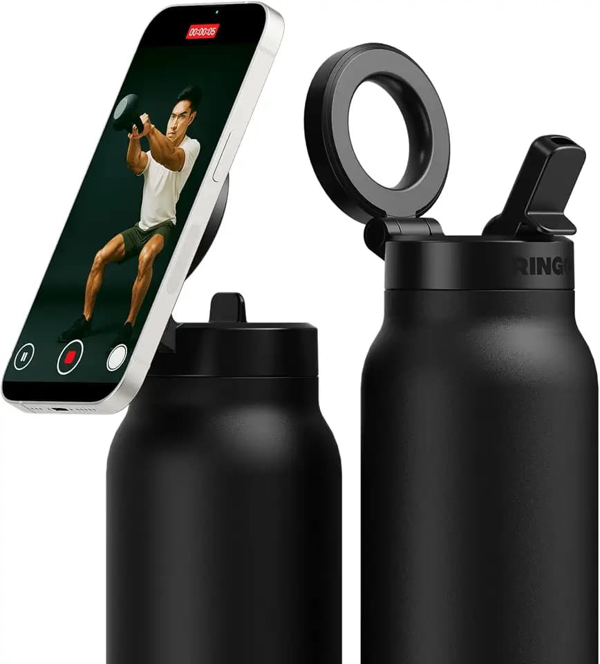 Ringo PRO Insulated Water Bottle, Magnetic Phone Tripod Mount, Black, 24 oz