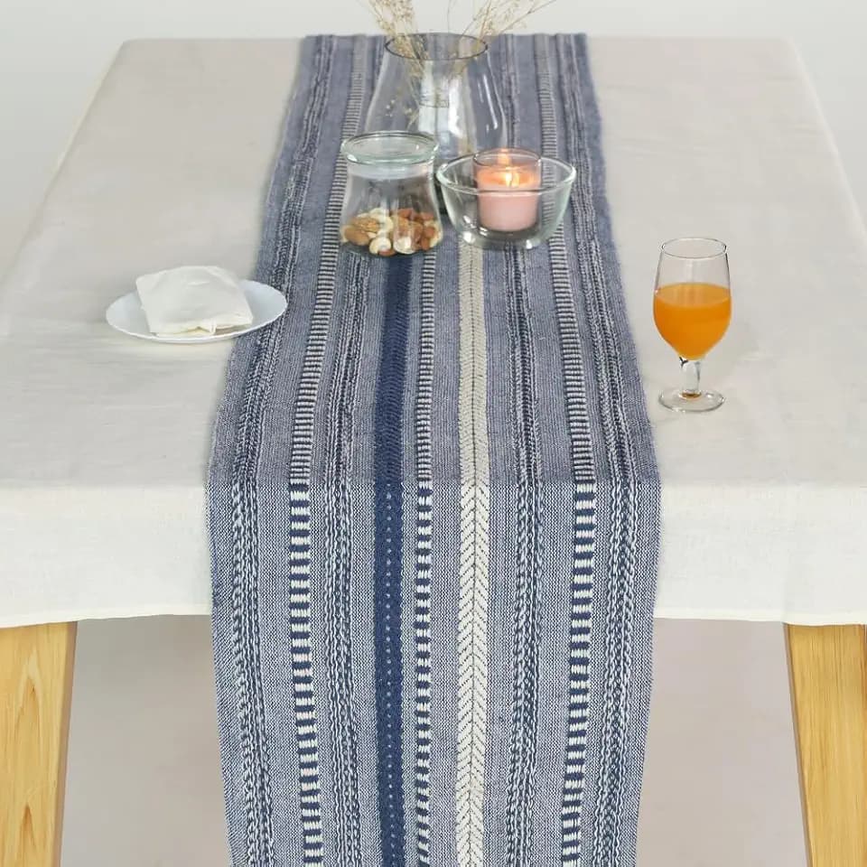 The Art Box Farmhouse Braided Stripe Navy Blue Table Runner, 15x108 inches Cotton Fabric Tablecloth with Tassel for Kitchen Dinning Home Decor
