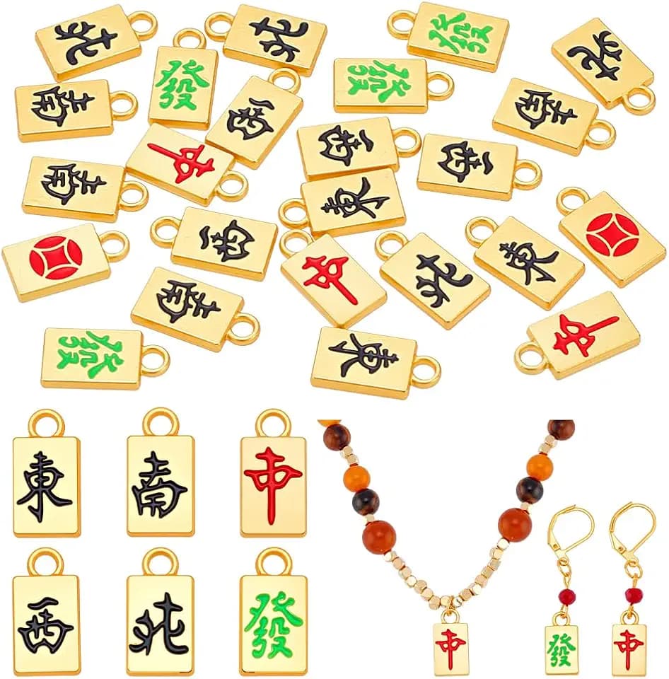 NBEADS 24Pcs 6 Styles Golden Mahjong Beads Pendants, Alloy Enamel Pendants with 2mm Hole DIY Charm Beads for Necklace Making Handmade Cultural Jewelry Accessories