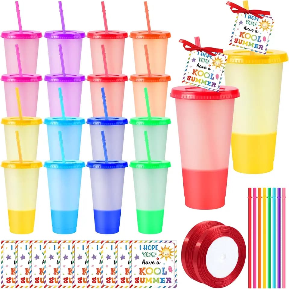 24 Sets End of Year Student Gifts from Teacher, Color-Changing Plastic Tumbler with Lid and Straw Cards Summer Gifts for Classroom School Student End of Year Graduation Gifts Bulk