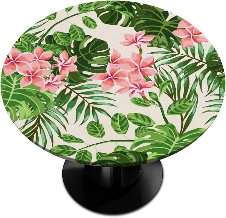 Pardick Tropical Palm Leaf Round Fitted Tablecloth with Elastic Edge Summer Flower Wipeable Round Table Cover Reusable Circle Table Cloths for Outdoor Party Patio Kitchen Decor Fit for 45"-50"