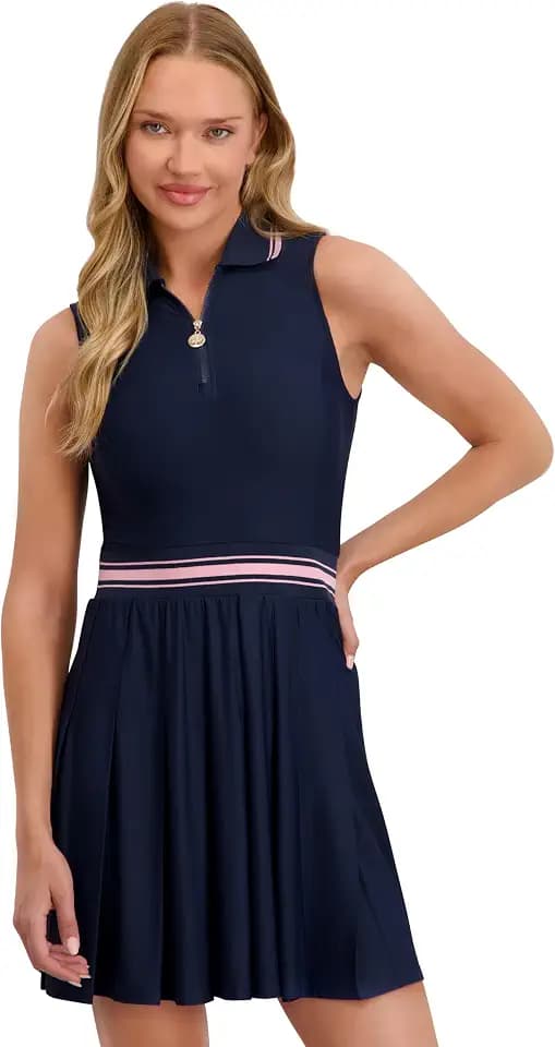 Stella Parker Women's ¼ Zip Pleated Skirt Polo Dress – UPF 50+, Stretch Fabric, 35” Length