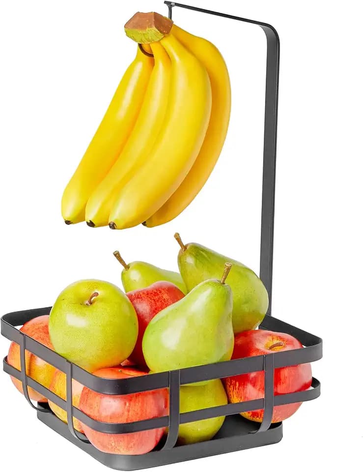 Spectrum Fruit Basket with Banana Hook Modern Black Steel Wire Kitchen Counter Organizer Basket for Fruit and Veggies, 2 in 1 Space Saving Storage for Countertops
