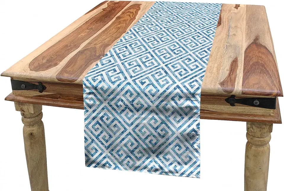 Ambesonne Geometric Table Runner, Tile Mosaic Pattern in Antique Meander and Camo Style Effect Print Modern, Dining Room Kitchen Rectangular Runner, 16" X 72", Blue White